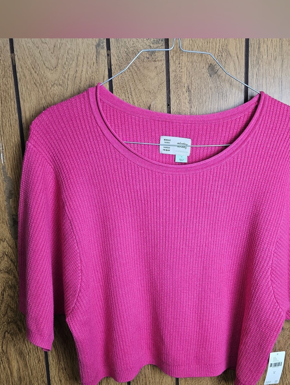 Anthropologie Pink Rib-Knit Boat Neck Dolman Short Sleeve Sweater Relaxed Sz. M